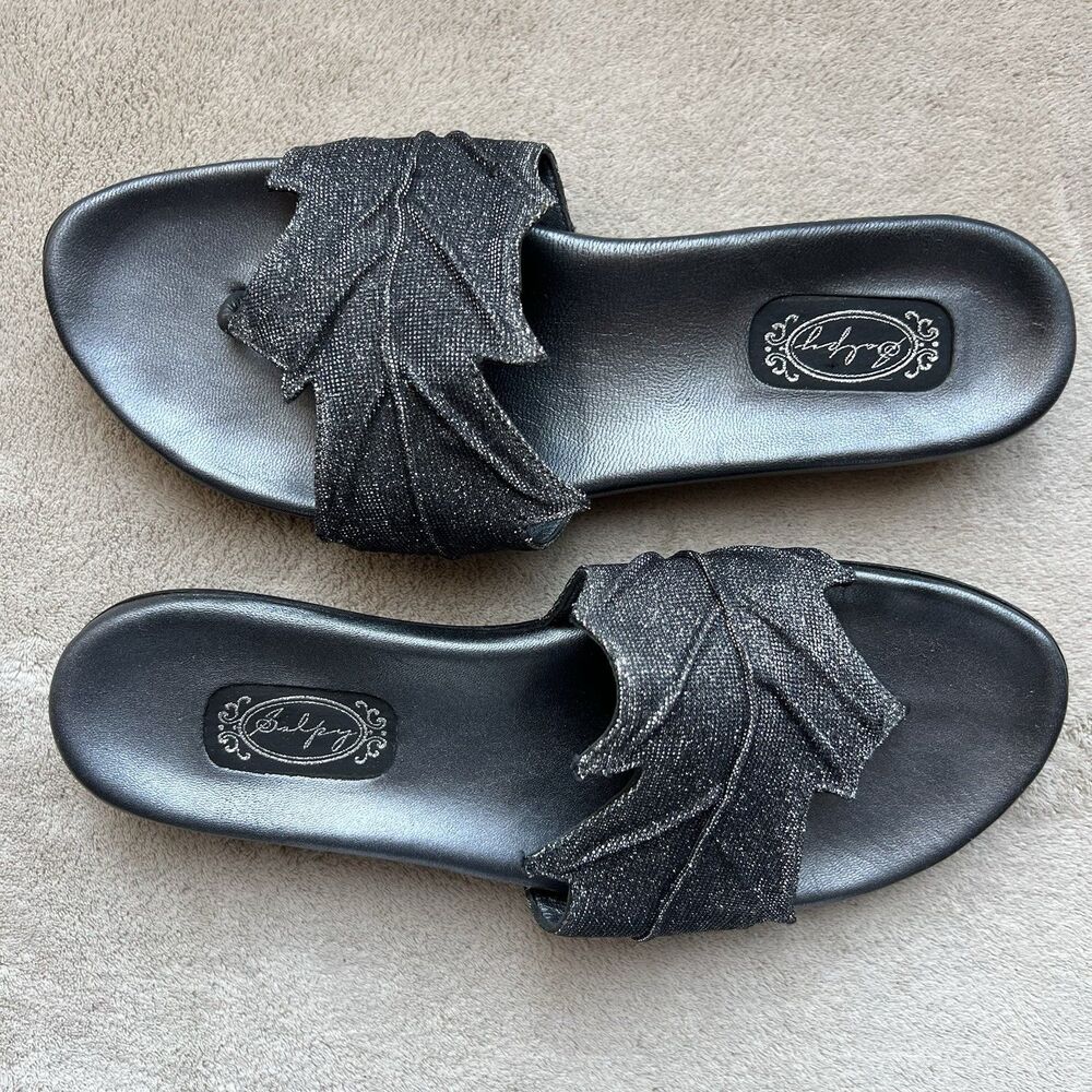 Salpy‎ Thelma Black Pewter Metallic Leaf Thong Sandal Women 6.5 Slip-On Bling